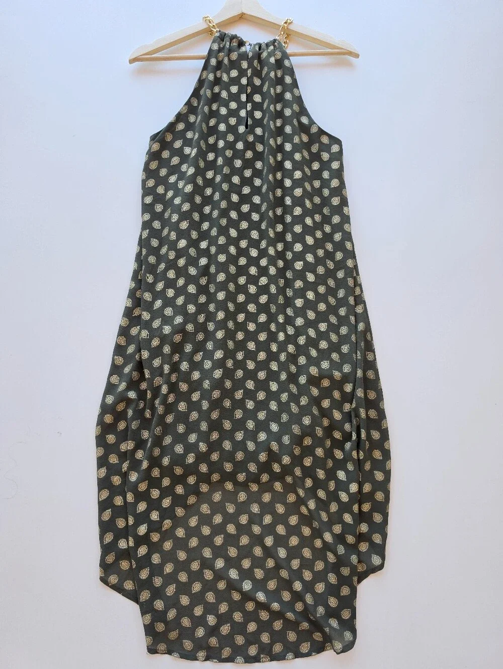 Michael Kors Halter Chain Olive Green Metallic Gold Paisley High Low Swing Dress